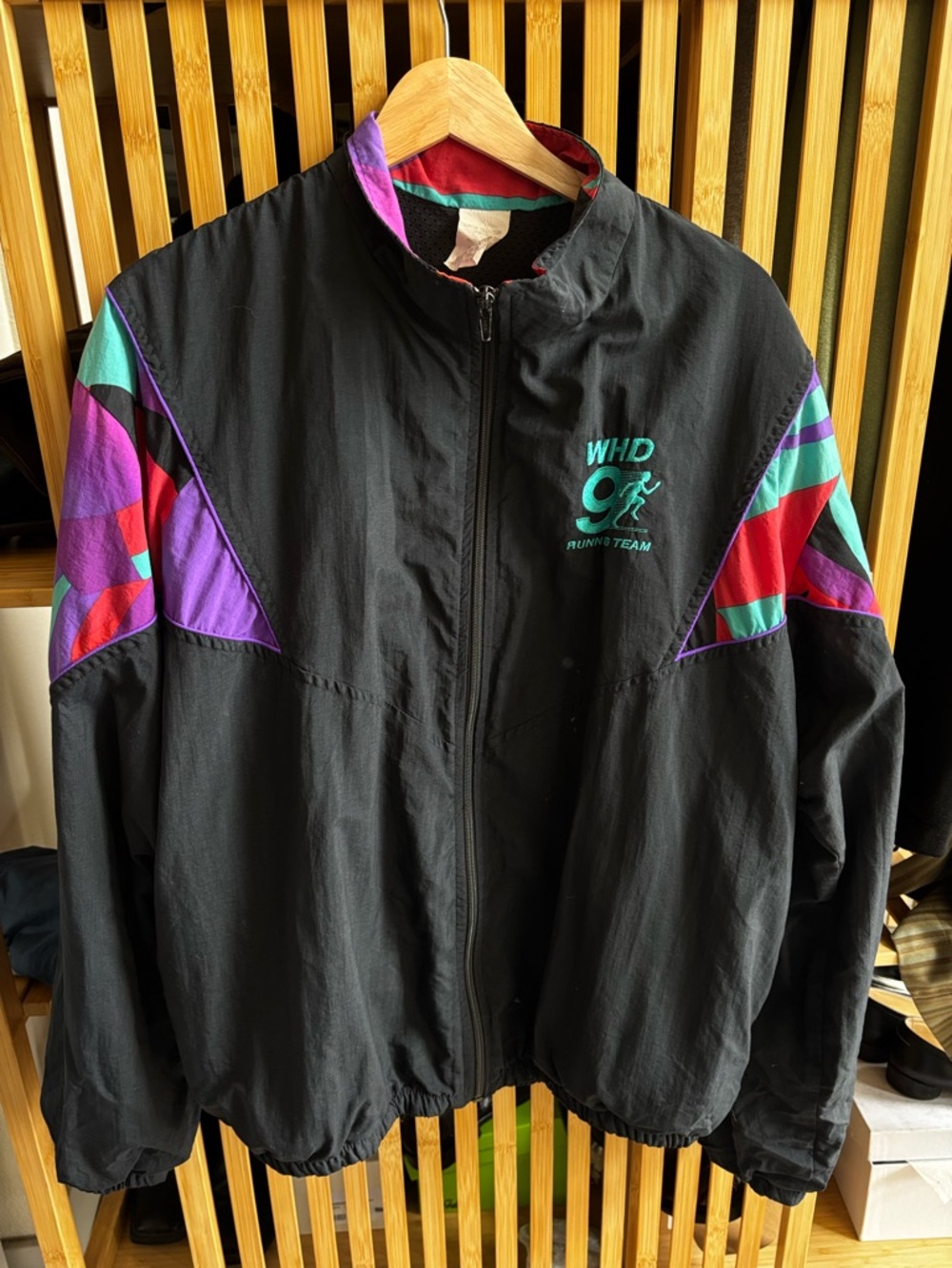 Vintage Black Windbreaker with Teal, Purple & Red Accents size XL